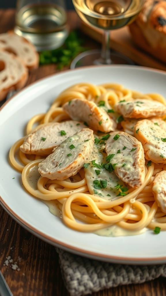 Creamy chicken pasta with garlic sauce, garnished with parsley, served on a rustic table.
